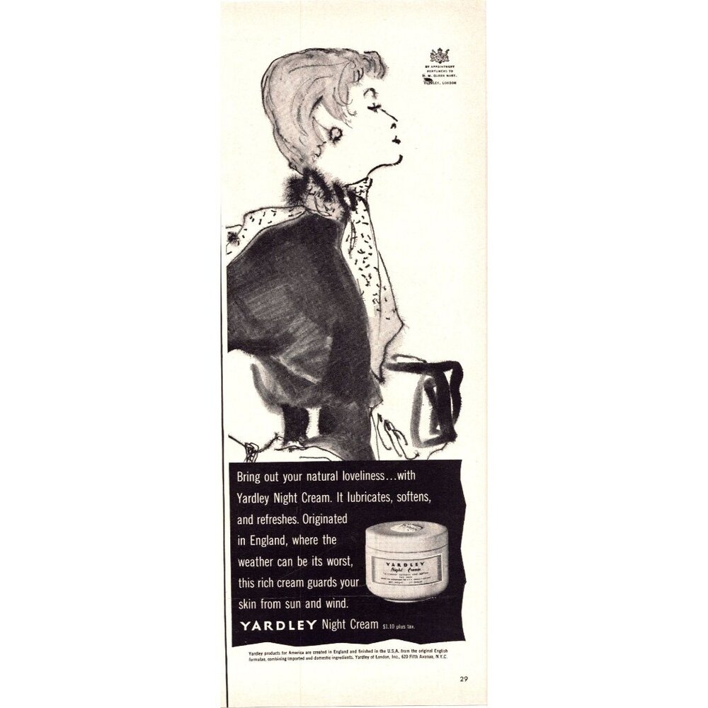1951 Yardley Night Cream Moisturizer Vintage Print Ad Elegant Woman 50s Wall Art